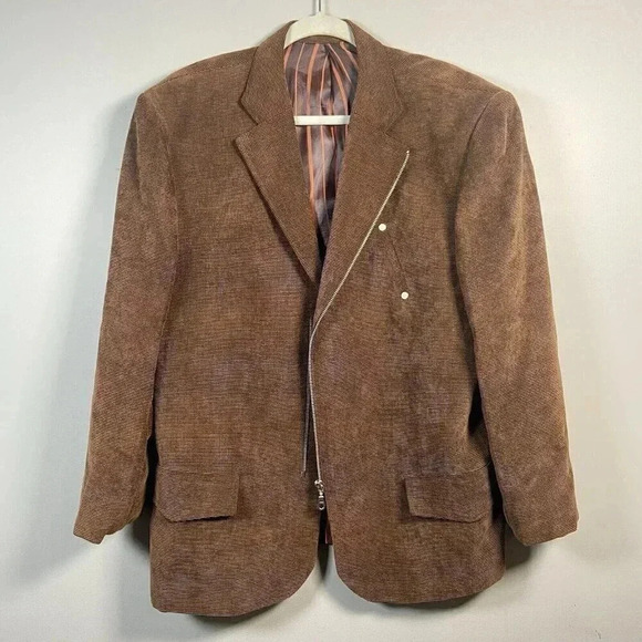 Venezzi Sport Coat L Brown Lined Textured Cosplay Eclectic Zipper Fall Business - Picture 1 of 14